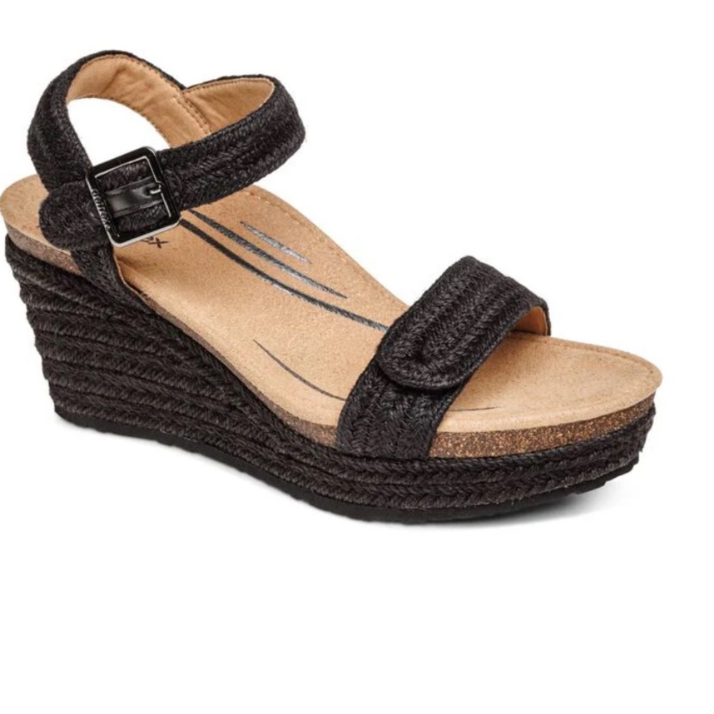 Aetrex Black Wedge Sandals
